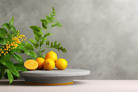 Vibrant Yellow Studio Kitchen: Stunning 3D Floor Mockup for Summer Cosmetic Products with Tropical Vの素材