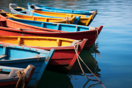 Vibrant Glacial Reflections: Captivating Wooden Row Boats in Bright Colorsの素材