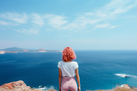 Vibrant Reflections: A Pink-Haired Woman Conquering the Mountain Peaks and Embracing the Serene Blueの素材