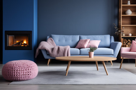 Cozy Grey Living Room: A Stylish Blend of Wood, Blue, and Pink with a Stunning Fireplaceの素材