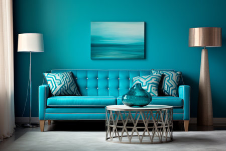 Embracing Elegance: The Serene Turquoise Wall Living Room Illuminated by a Modern Lamp Interior Concの素材