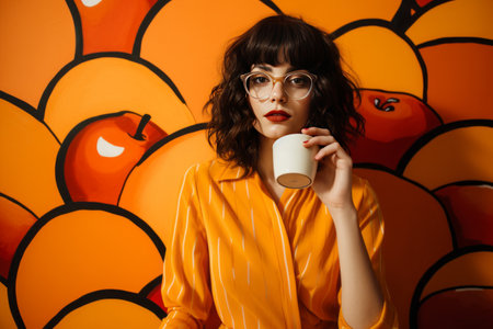 Vibrant and Refreshed: A Young Woman Embracing Enjoyment by an Orange Wall with a Big Cupの素材