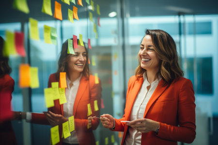 Collaborative Engagement: Blissful Female Coworkers Bonding with Colorful Sticky Notes in Modern Offの素材