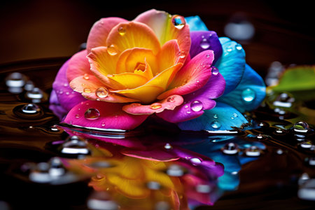 Captivating Water Reflection: A Symphony of Colorful Flowers and Dewdrops as Backgroundの素材