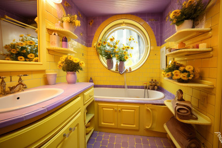 Sunshine Serenity: A Yellow and Lavender Oasis for Your Bathroom!の素材