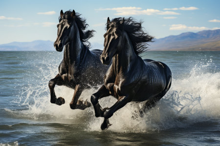 Energized Equestrians: Two Black Horses Galloping Across Sun-kissed Watersの素材
