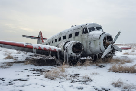 Desolate Remains: Abandoned Plane after Snowy Land Mishap --AR 3:2の素材