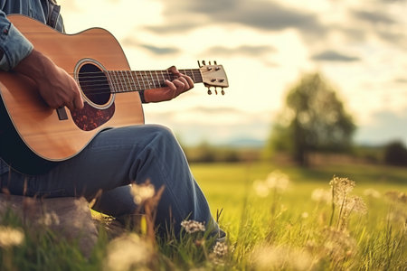 Melodic Serenade: A Man Strums His Acoustic Guitar on a Serene Green Meadowの素材