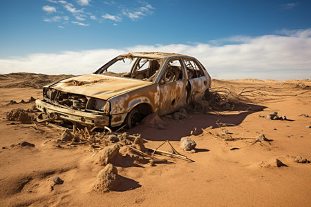 Desolate Sight: An Abandoned Broken Car in Sandy Terrainの素材