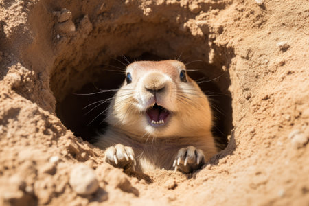 Sunny Day Delight: Captivating Prairie Dog Poses near its Hole in AR 3:2の素材