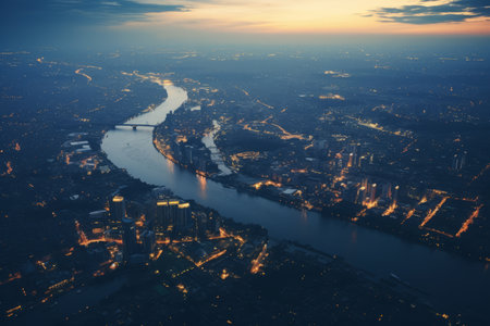 Captivating Aerial Perspectives: Exploring the Serene Cityscape Overlooking a Majestic Riverの素材