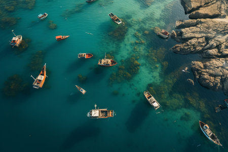 Capturing the Majesty: Aerial Photography of Boats Sailing through the Vast Seas --ar 3:2の素材
