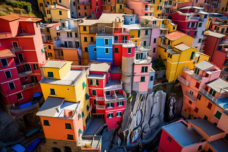 Captivating Bird's Eye View: Vibrant Manarola Buildings in Italy's Aerial Grandeur --ar 3:2の素材