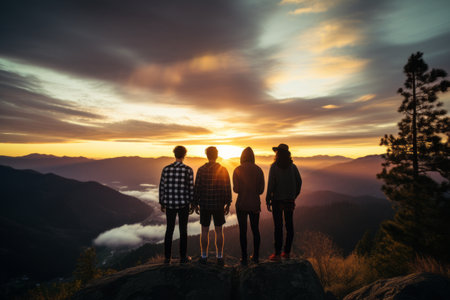 United Silhouettes: Anonymous Friends Embrace at Mountain Sunsetの素材