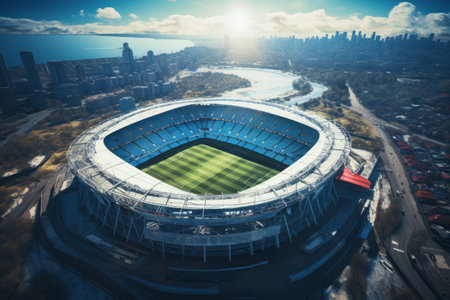 The Majestic Aerial Panorama: Unveiling a Sports Stadium in Full Glory at Daytime (Aspect Ratio: 3:2の素材