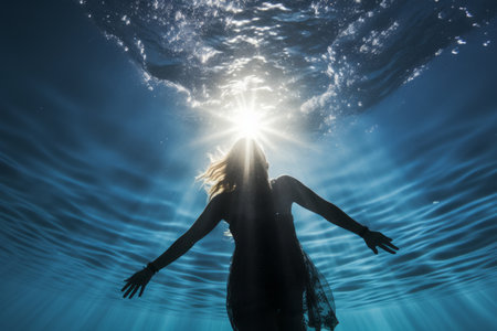 Graceful Depths: An Enchanting Journey of an Anonymous Female Diver in Sunlit Blue Ocean - AR 3:2の素材