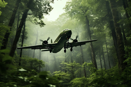 Aerial Symphony: An Airplane Gliding Amidst Verdant Forest Canopyの素材