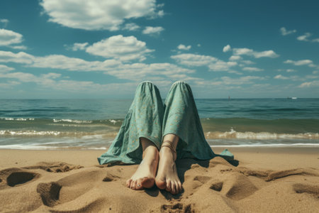 Serenity Unveiled: An Anonymous Barefooted Woman Basks on a Sandy Seashoreの素材