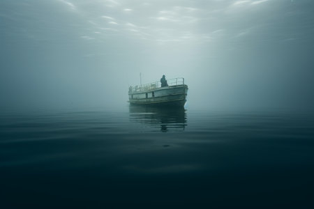 Mysterious Individual Adrift in Enigmatic Ship on the Endless Sea - AR 3:2の素材