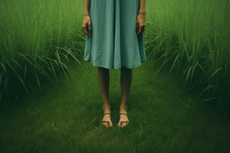 The Enigmatic Beauty on the Grass: Unveiling the Barefooted Anonymous Woman in 3:2 ARの素材