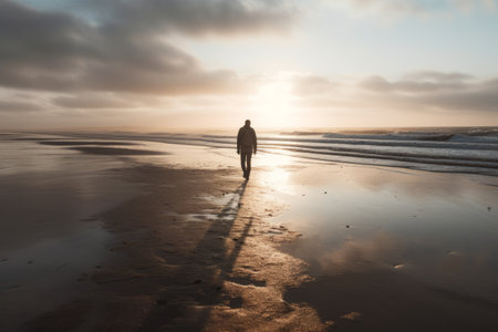 Mysterious Figure Strolling Along a Damp Sandy Shore -- AR 3:2の素材