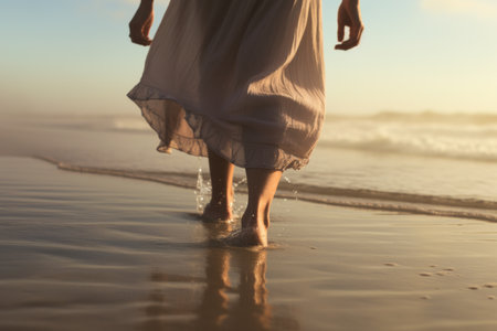 Footprints of Freedom: A Serene Encounter with the Anonymous Barefooted Woman on the Wet Sandy Seashの素材