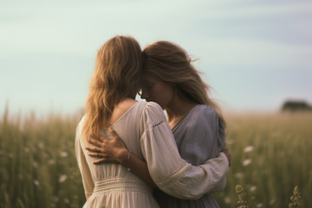 Embracing Connections: Anonymous Female Friends Embrace in a Spacious Meadow, in Breathtaking 3:2 Scの素材