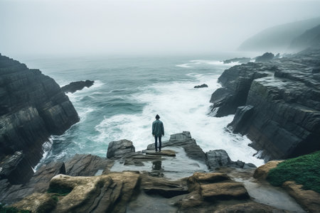 Mystical Moments: Anonymous Tourist Gazing at the Enchanting Sea in Misty Weatherの素材