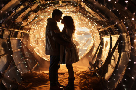 In the Face of Adversity: An Anonymous Couple's Tender Embrace Amidst a Crashed Aircraft's Dazzlingの素材