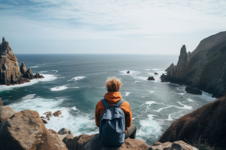 Majestic Moments: The Enchanting Sea View Embracing an Adventurous Anonymous Traveler on a Rocky Forの素材