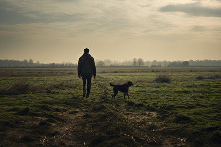 Wandering Silently: An Unidentified Figure and Their Loyal Canine Exploring Vast Fieldsの素材