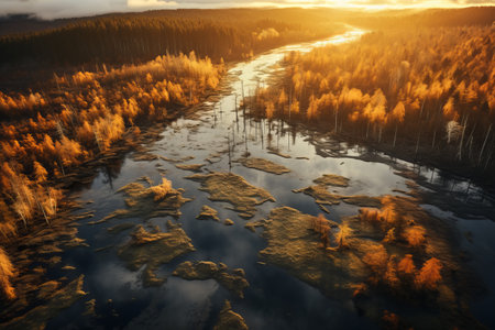 Glimpses of Enchanting Serenity: A Golden Hour Aerial Portrait of Forest-Cradled Waterの素材