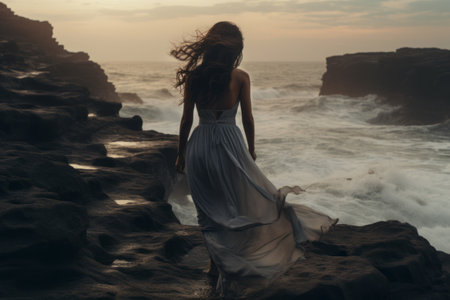 Enigmatic Solo Journey: A Woman's Walk Amidst the Rolling Wavesの素材