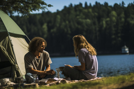 Lakeside Serenity: Unveiling the Mystique of an Anonymous Young Couple Engaged in Camping Chatsの素材