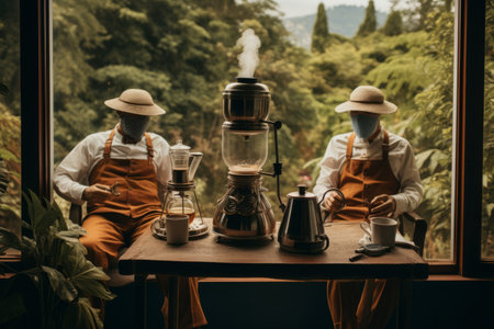 Capturing Moments: Serene Veranda Scene of Anonymous Tourists Enjoying Coffee with Chemex Coffeemakeの素材