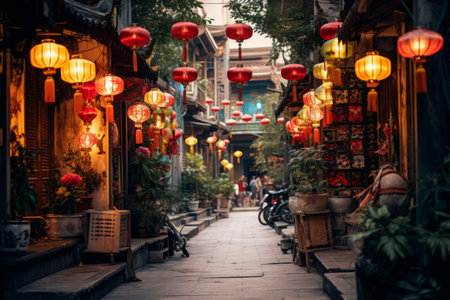 Mystical Night: Exploring an Enchanting Asian Street Adorned with Lanterns and Masksの素材