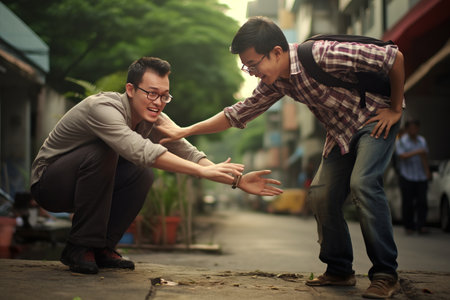 An Empowering Gesture: Asian Man Extending a Helping Hand to Lift a Friendの素材