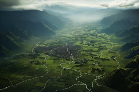 A Breathtaking Aerial Panorama: Discovering the Striking Valley Landscape --ar 3:2の素材