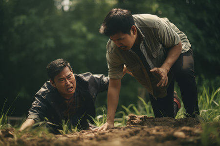 Empathy in Action: Asian Man Extending a Helping Hand to Lift Up a Friend -- AR 3:2の素材