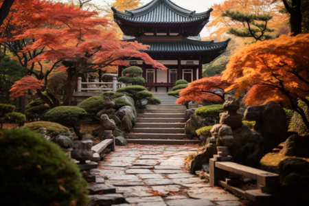 Serene Autumn Surroundings: Capturing the Enchanting Asian Temple Amidst Bushesの素材