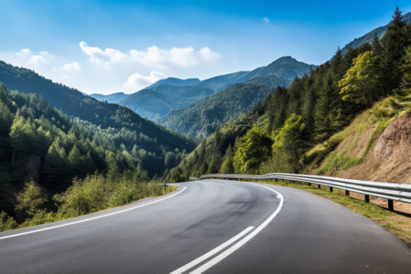 Majestic Ascent: Exploring the Serene Asphalt Road Amidst the Mountainous Forestの素材