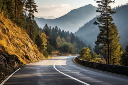 Journey through Enchanting Forests: Exploring an Asphalt Road in Mountainous Terrainの素材