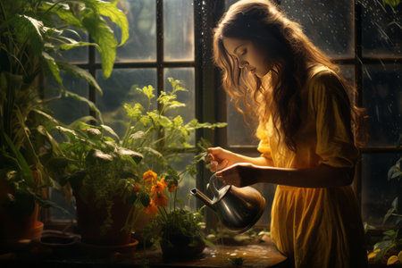 Harmonizing Nature: A Girl Nurturing Her Plants in 3:2 Perspectiveの素材