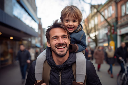 The Joyful Father: A Smiling Man Carrying his Child on the Shoulders --ar 3:2の素材
