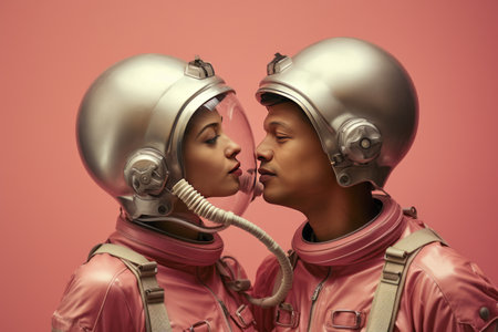 Journey Beyond Earth: Adventurous Couple Dons Space Suits, Gripping Helmetsの素材