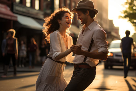 Unbridled Joy: A Delighted Couple Gracefully Dancing on the Sidewalk --ar 3:2の素材