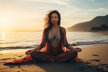 Finding Serenity: A Woman Embracing Tranquility on the Beach --ar 3:2の素材