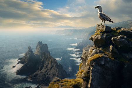 Majestic Encounter: A Bird Perched on an Ocean Cliff Amidst the Mountain Peaksの素材
