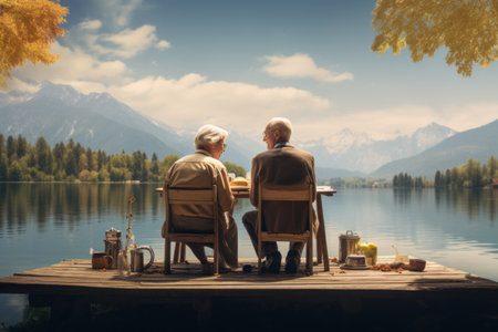 Lakeside Serenity: An Elderly Couple's Idyllic Picnic Retreat on a Wooden Platformの素材