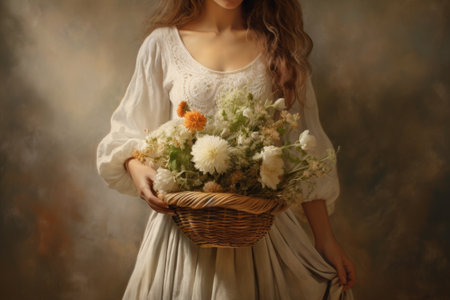 Graceful Elegance: A Woman Adorned in a White Dress with a Basket of Flowersの素材